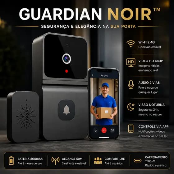 Campainha Inteligente WiFi com Câmera Visão Noturna Áudio 2 Vias Guardian Noir - Video Porteiro