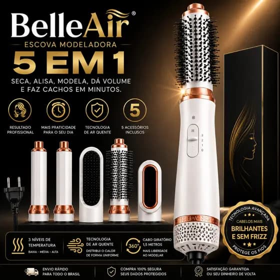 PREMIUM Branca c/ Dourada - Escova 5 em 1 Multiuso 110V - Seca, Modela, Alisa e Penteia