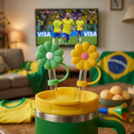 Tampa de Canudo 10mm Torcida Brasil, Flor Verde Flor Amarela, Decorativa, Silicone, Copa do Mundo