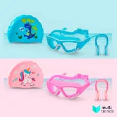 Kit Completo Natação Infantil: Óculos Anti-Embaçante + Clipe Nariz + Touca Silicone (Azul Dinossauro / Rosa Unicórnio)