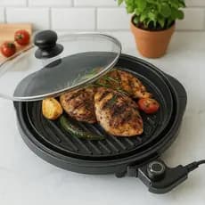 Grill Elétrico Redondo Bivolt Potente Antiaderente Sem Fumaça Churrasco Grelhados Compacto