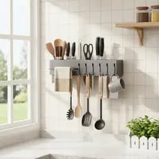 🔥 Suporte Organizador de Cozinha 6 Ganchos Utensílios Canecas Multiuso Cor Cinza Oferta