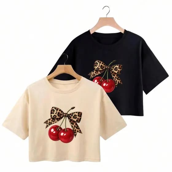 Kit 2 Cropped Camiseta Feminina Blusinha em Algodão Premium Cereja Laço Onça Envio Imediato