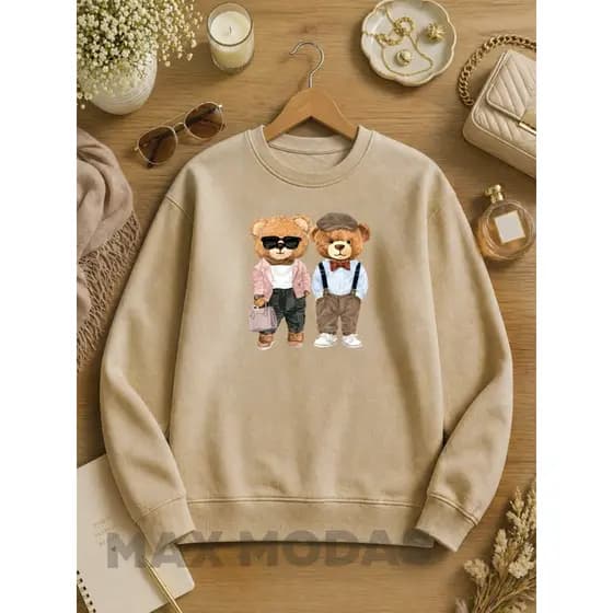 Moletom Careca Unissex Urso Casal Cores Novas Do P ao GG Gola Redonda Quentinho