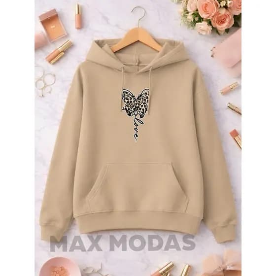Blusa De Frio Casaco Moletom Feminina Com Bolso e Capuz Borboleta Onça Cores Nova Do G1 Ao G5