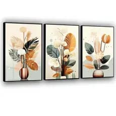 Kit 3 Quadros Decorativos Natureza Flores Jarros com Folhagem Bege Folhas Verdes