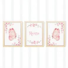 Kit 3 Pecas Quadro Decorativo Quarto de Bebe Borboletas Personalizado Com Nome