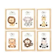 Kit 6 Pecas Quadros Decorativos Safari Animais Beje Quarto Menina Menina Bebe