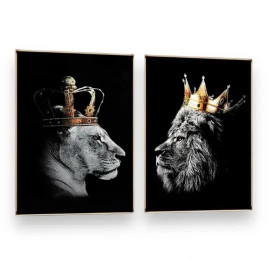 Quadro Decorativo 2 Pecas Leao e Leoa Rei E Rainha Casal foco Empreendedor Escritorio Sala