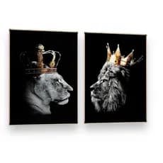 Quadro Decorativo 2 Pecas Leao e Leoa Rei E Rainha Casal foco Empreendedor Escritorio Sala