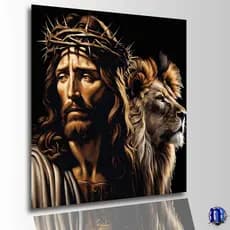 Quadro Decorativo Grande  1 Peca 110x70 Leao com Cristo ReiDos Reis Fé Religioso Bom Pastor Sala