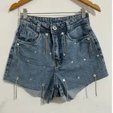 Short Jeans cintura alta feminino com pedras brilhantes de corrente Short plus