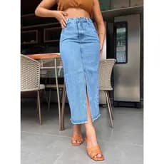Saia Jeans Saia longo Fenda no meio casual elegante simples e elegante Femininas Evangélica Cintura Alta Design