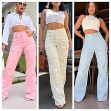 Calça Jeans Cargo FEMININA de mais bolso / wide leg /Colorida /Pantalona Feminina Moda Street  Tecido Algodão Premium