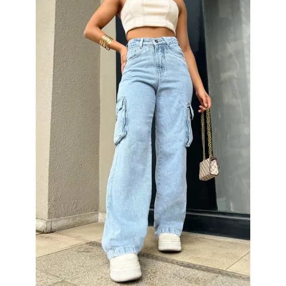 Calça Wide Leg Cargo Jeans bolso fofu Feminina Tendência Moda Street Tecido Algodão Premium LANÇAMENTO