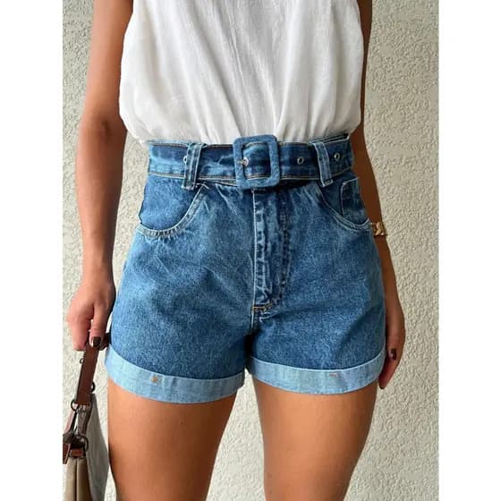 Short jeans cintura alto com cinto jeans Short mom Femininas 100% algodão