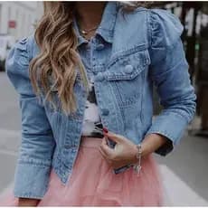 Jaqueta Jeans Manga pouco bufante casaco feminino