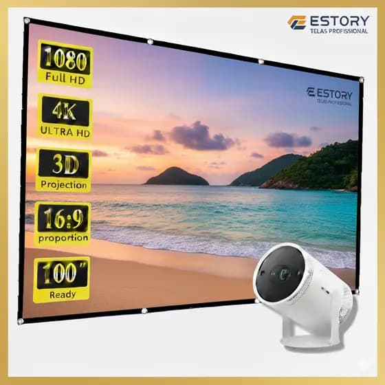 Tela de Projeção Profissional 1,18x2,00m Dobrável 16:9 com Ilhós –Ideal para Projetores 4K e Full HD