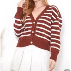 Cardigan Feminino Listrado Marrom Gola V Botões Joia Elegante Outono Inverno