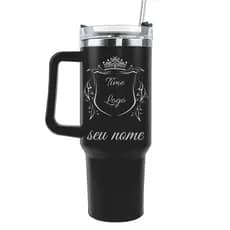 Copo Termico Preto Com Tampa 1,2L e Canudo Personalizado a laser
