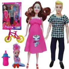 Brinquedo Infantil Boneca Grávida com Bebê na Barriga + Boneco Articulado + Bonequinha e Acessórios