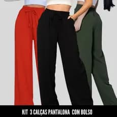 KIT 3  Calças Pantalona Tecido Duna Com Bolso  Moda Tendência Feminina  Alfaiataria Elastex Com Cordão  2024