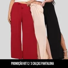 KIT 3 Calças Pantalona  Moda Tendência Feminina Fenda Lateral Alfaiataria Elastex Com Cordão  2024