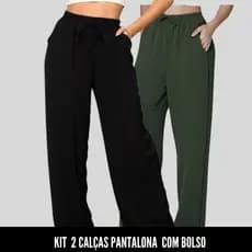 KIT 2 Calças Pantalona Tecido Duna Com Bolso  Moda Tendência Feminina Fenda Lateral Alfaiataria Elastex Com Cordão  2024