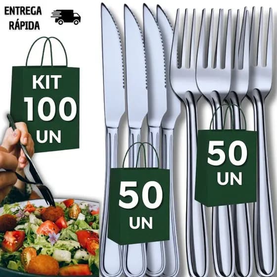Conjunto 100  Talheres Inox 50 Faca 50 Garfo  Cozinha Restaurante Buffet Casa Resistência Qualidade Utilidades