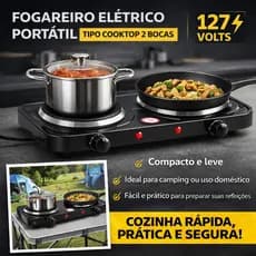 Fogareiro Elétrico Portátil tipo Cooktop 2 Bocas 127V Compacto Ideal para Camping e Cozinha Rápida