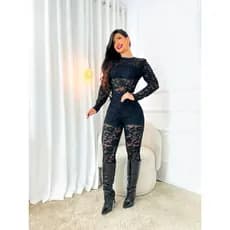 Macacão Feminino Longo de Renda Manga Longa Transparência Elegante Festa Balada Premium macacão feminino, macacão renda