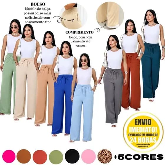 Calça Pantalona Feminina Com Elastico Na Cintura Leve e Confortavel Flare Folgadinha
