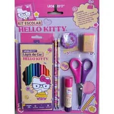 Kit Escolar Hello Kitty - 18 Peças - Lapis de Cor + Tesoura + Cola Bastao + Borracha + Apontador + Lapis Preto