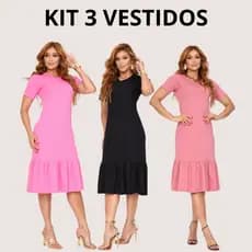 Kit 3 Vestidos Básico Estiloso Moda Casual Babado Manga Curto Super Promoção
