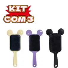 Kit com 3- Escova Raquete Orelhinha -Flex Mickey - Anti Frizz - Pra Cabelo - Para Desembaraçar Cabelos -Cores sortidas