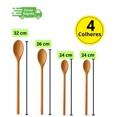 Kit 04 Itens Colher de Pau / Madeira Para Cozinha Com Cabo Liso Tramontina