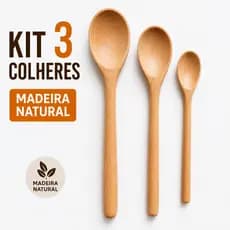 Kit 3 Colheres de Pau Madeira Maciça Natural Polida - Utensílios de Cozinha