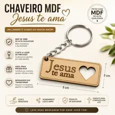 Kit Chaveiros Jesus te Ama com Coração Vazado em MDF Cru Lembrancinha Religiosa Fé Igreja Amor Estilo