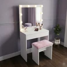 Penteadeira Camarim Banco Rosa Claro Led Com Variações e Espelho 50cm x 50cm Material Em MDF Sofie M