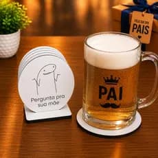 Kit 6 Porta Copos Pai Engraçado MDF 9cm + Suporte Proteção para Mesa Presente Divertido I Decoração Barzinho Cozinha