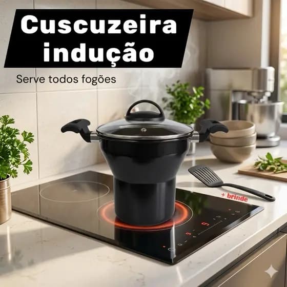 Cuscuzeira Indução Preta Média tampa de vidro