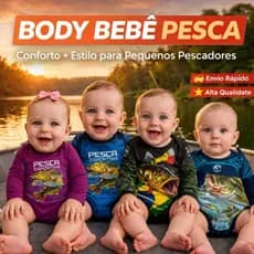 Body Bebê Pesca Peixe Dourado Body manga longa Proteção Uv50 Tal Pai ai Tal Filho Tucunaré Traira