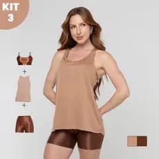 Kit 3 Peças Fitness Feminino - Short Canelado Trilobal + Top Canelado Trilobal  + Regata Dry