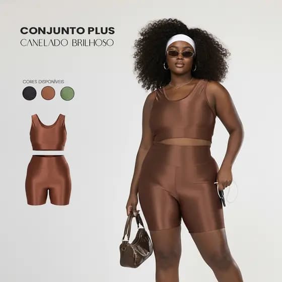 Conjunto Fitness Plus Size – Top Alça Larga e Short Cós Alto Canelado Brilho Modelador Confortável Academia e Treino