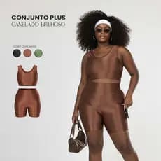 Conjunto Fitness Plus Size – Top Alça Larga e Short Cós Alto Canelado Brilho Modelador Confortável Academia e Treino