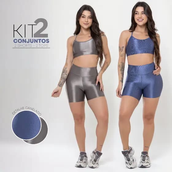 Kit 2 Conjuntos Fitness Feminino – Top e Short Cós Alto Canelado Brilho Modelador Academia e Treino