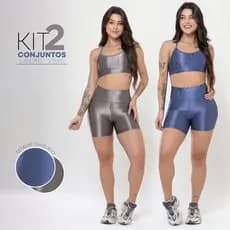 Kit 2 Conjuntos Fitness Feminino – Top e Short Cós Alto Canelado Brilho Modelador Academia e Treino