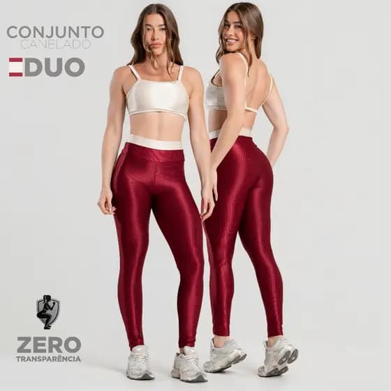 Conjunto Fitness Feminino Trilobal Canelado Brilhoso – Top + Legging Cós Alto Modelador Academia