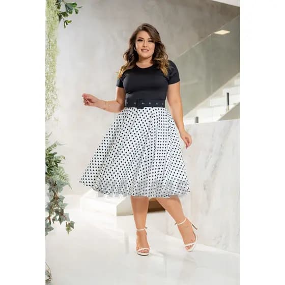 Vestido Midi Poá com Cinto Feminino | Vestido Estampado Moda Feminina Elegante