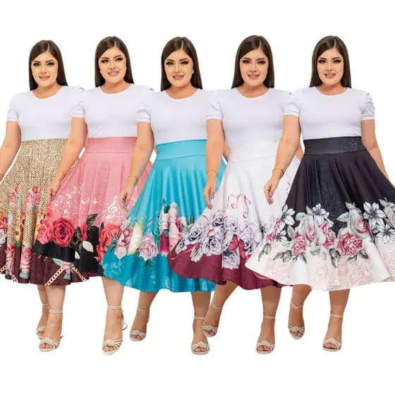 Kit 5 Saias Midi Evangélicas Estampadas Cores Sortidas Moda Cristã Modesta Plus Size Atacado Lote